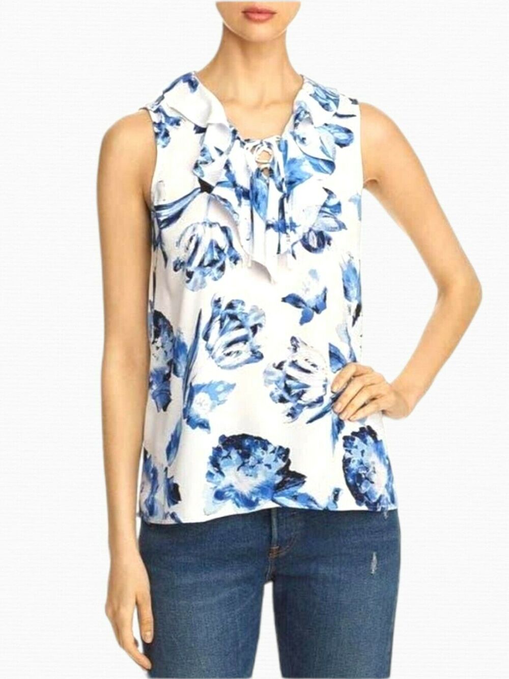 Karl Lagerfeld Blue Floral Ruffle Top M